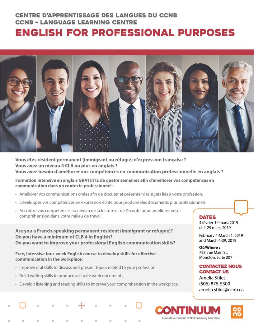Diversis's tweet photo. Le Centre d’apprentissage des langues du campus de Dieppe offre le cours "English for Professional Purposes" gratuitement aux immigrants et réfugiés d’expression française du 4 février au 1er mars 2019, et du 4 au 29 mars 2019.
#Diversis #Continuum #CCNB #English https://t.co/4KMQVVJQeC