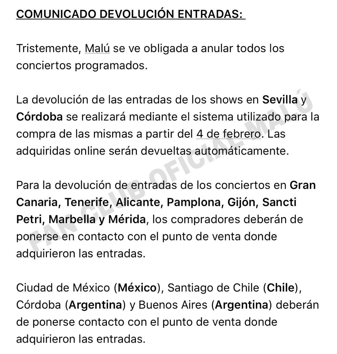 FanClubMalu's tweet photo. INFORMACIÓN SOBRE LA DEVOLUCIÓN DE ENTRADAS #OxígenoTour:

- Fan Club Oficial Malú https://t.co/7zi0FDmcRb