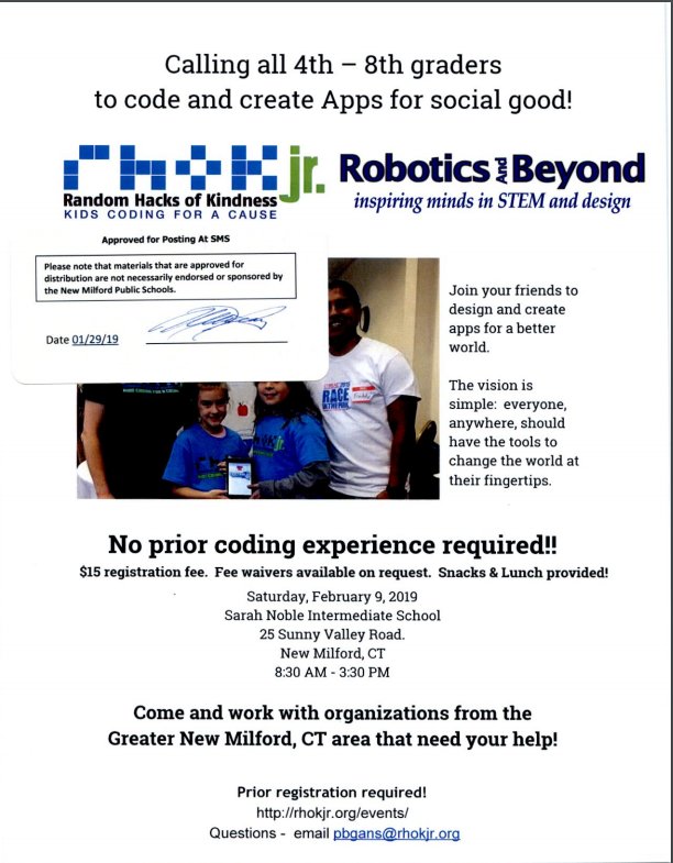 SMS_TechClass's tweet photo. Coding for a Cause-Help New Milford organizations by coding apps-experience needed! #RandomHacksofKindness @RHokJr @RoboticsBeyond https://t.co/j9wZABAg7G