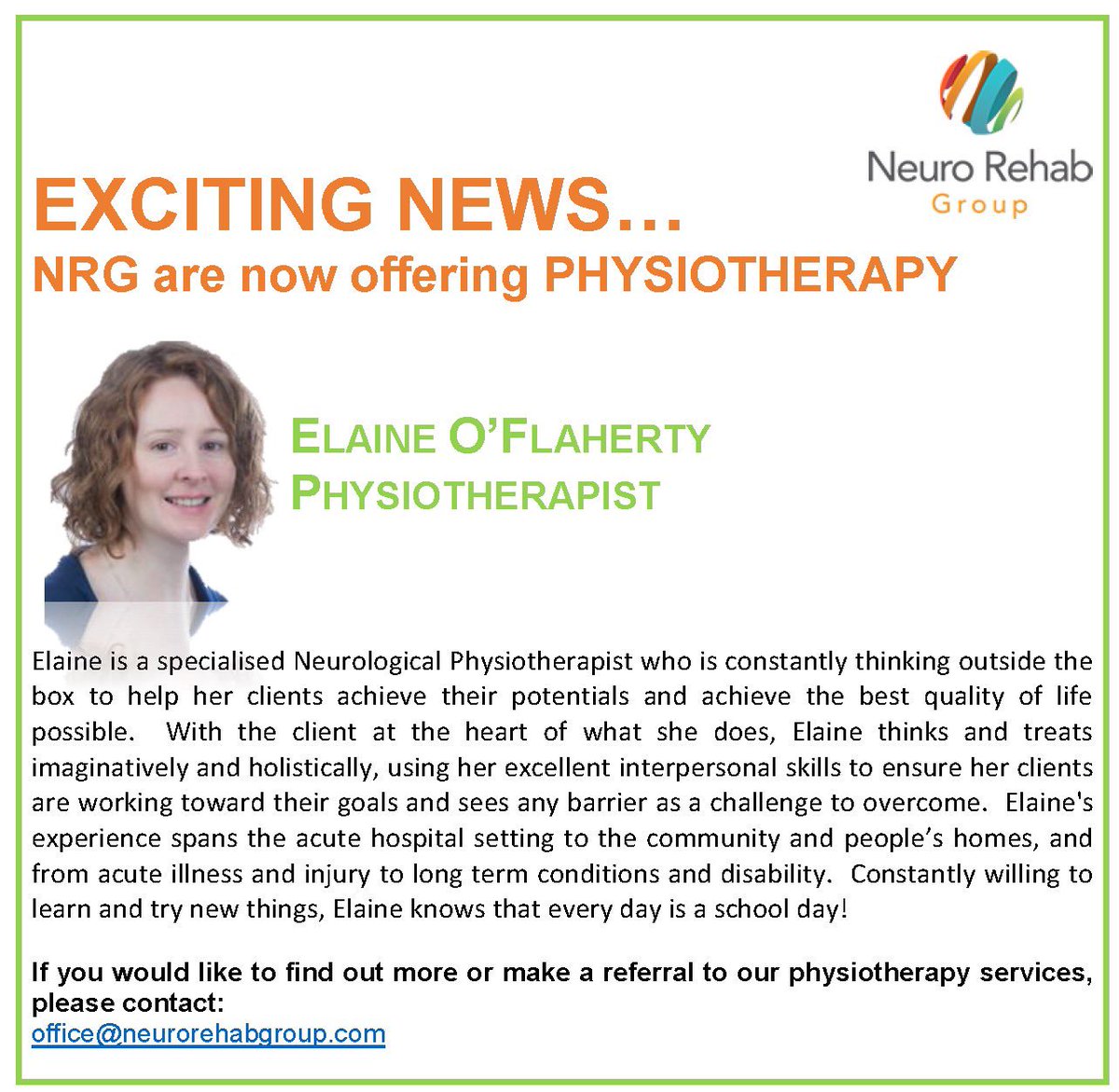 The Neuro Rehab Group Ltd is excited to share our news ... we are now offering Physiotherapy!  😃 

Meet our Neurological Physiotherapist, Elaine O’Flaherty 😊 

Please get in touch if you are interested in finding out more👍🏼

#rehab #physiotherapy #neurorehabilitation #goals2019