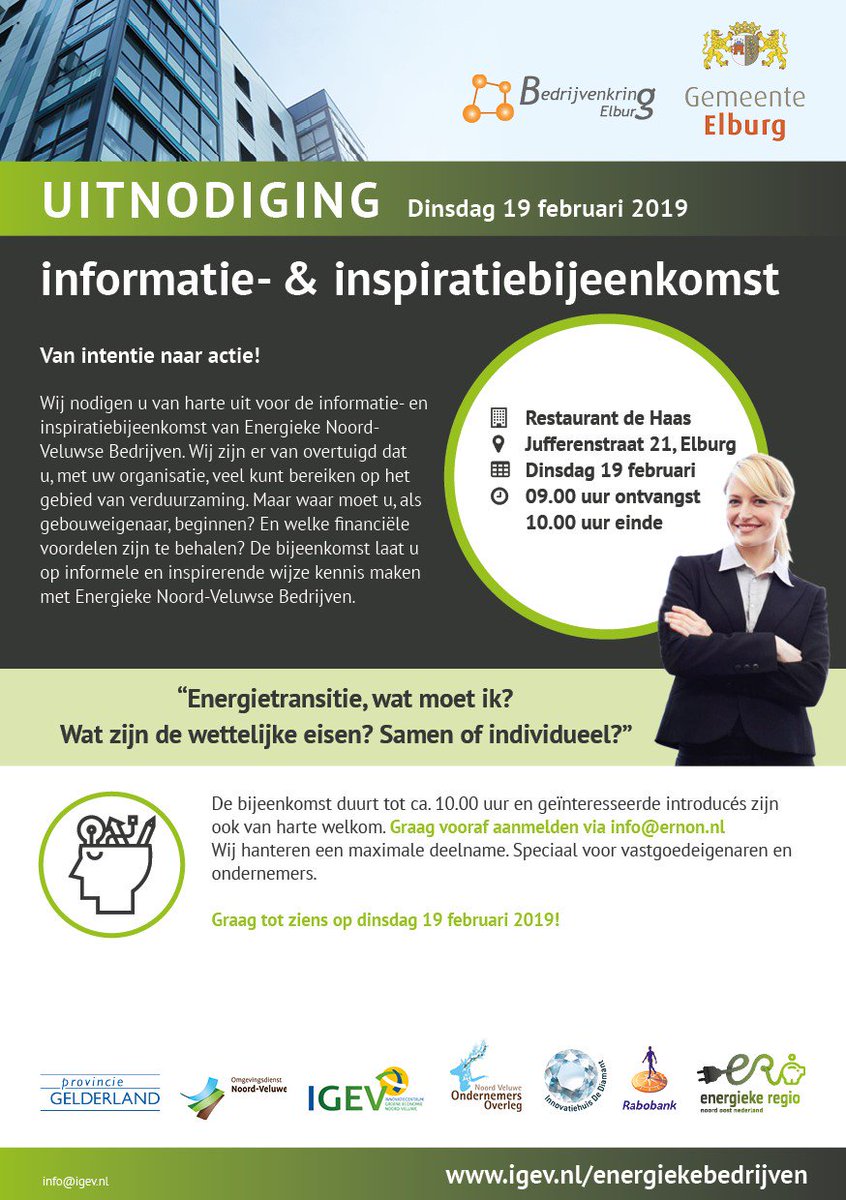 Voor alle ondernemers in Elburg: kom ook naar de bijeenkomst op 19 februari. Laat je informeren &amp; inspireren over de kansen voor energiebesparing en opwekking voor jou bedrijf + de strengere wetellijke eisen.
Dankzij <a href="/provgelderland/">Provincie Gelderland</a> kunnen we 50% korting geven op energieadviezen!