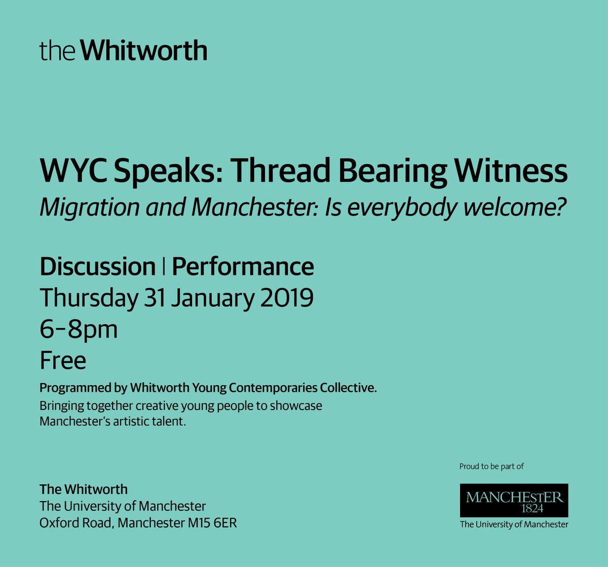 WhitworthArt's tweet photo. TONIGHT 6-8PM: Join @WhitworthYC for an evening of honest and frank conversations around migration and new arrivals to Manchester inspired by our Alice Kettle #ThreadBearingWitness exhibition: https://t.co/hEh5gBW3kA https://t.co/LGvT1W2TWC