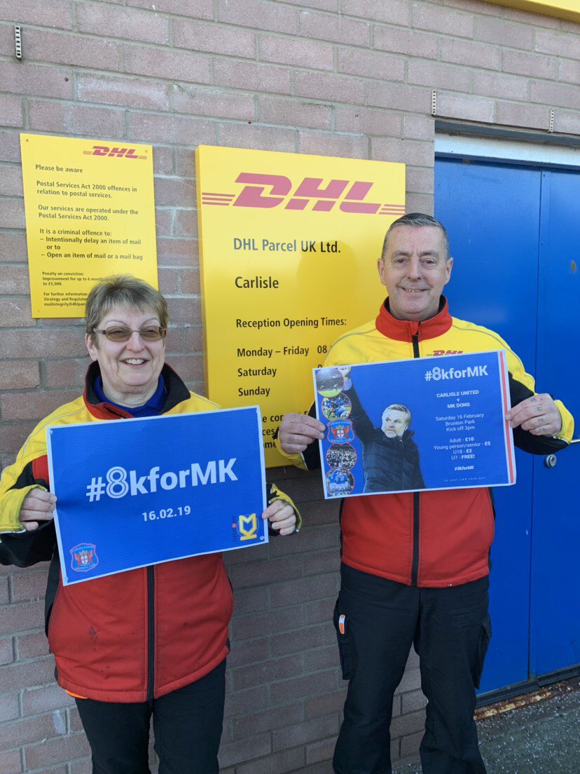 officialcufc's tweet photo. 8️⃣🎟 #8kforMK 

Great stuff from Rosie Potter and Mark Bowe at DHL in Carlisle supporting our #8kforMK campaign! #cufc https://t.co/iDU6OWZlo2