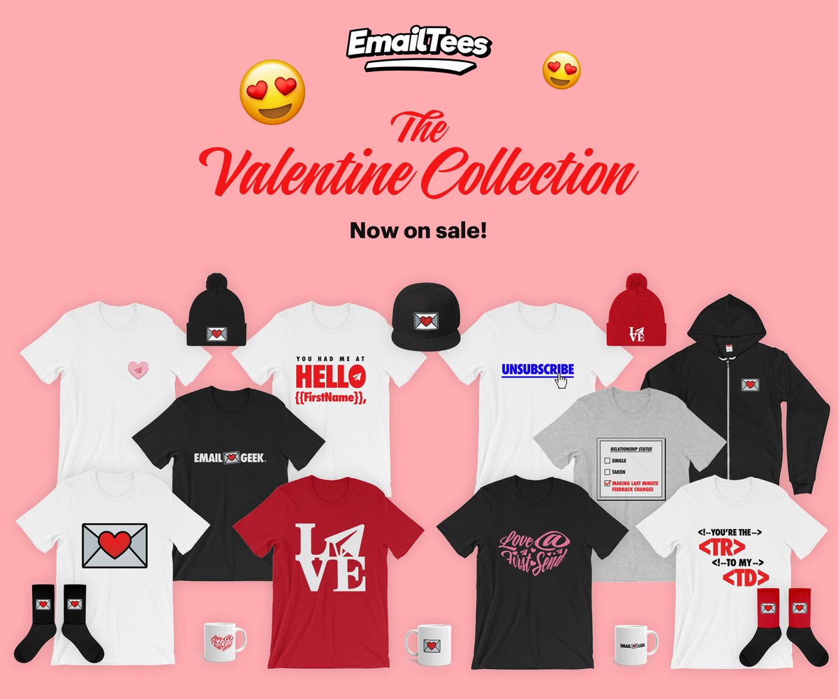 ❤️ The Valentine Collection is now live! emailtees.com/collections/th…

Love-inspired email designs available as t-shirts, long sleeves, hoodies, hats, mugs, and socks!

Get 14% off any 2 items (or more) in the collection *today only*. Use discount code VDAY at checkout.

#emailgeeks