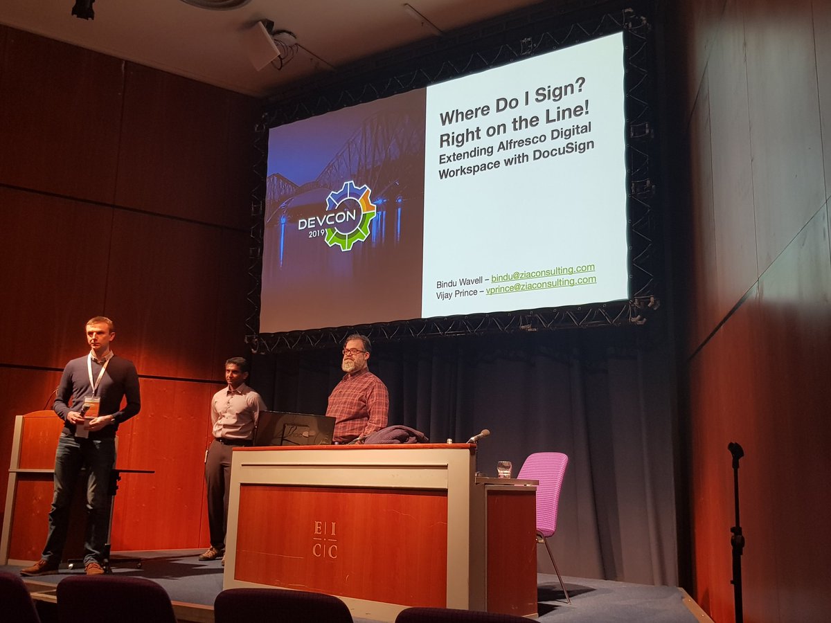 "Where Do I Sign? Right on the Line!" presentation by Bindu &amp; Vijay from our partner <a href="/ziaconsulting/">Zia Consulting</a> about extending the #Alfresco Digital Workspace with #DocuSign now at the #AlfrescoDevcon.