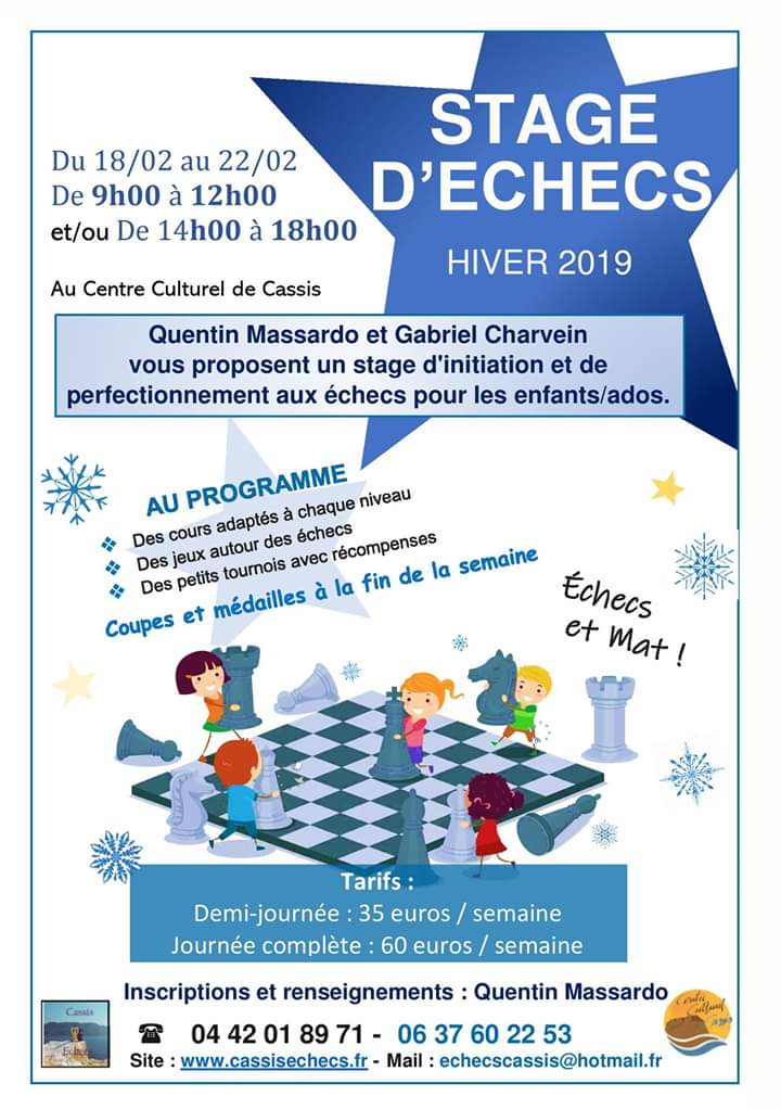 Cassis Échecs organise des stages pour enfants/ados du 18 au 22 Février. Nouveauté: possibilité de choisir la formule demi-journée (matin ou après midi) ou journée !!
#Echecs #chess #Cassis #Stageéchecs