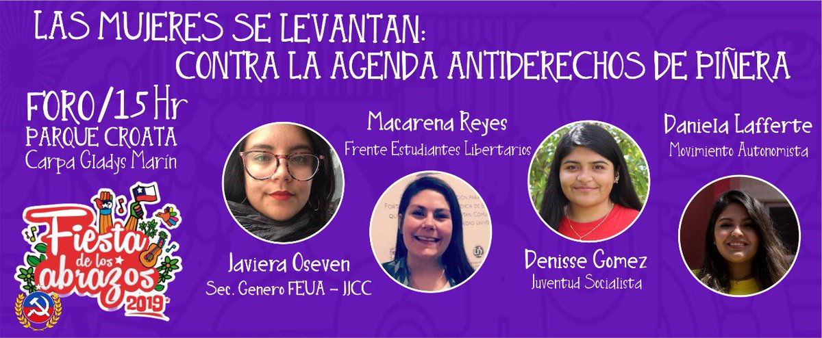 PC_Antofagasta's tweet photo. 🔴 Fiesta de los abrazos #Antofagasta 2019! Invitación al foro “Las mujeres se levantan: contra la agenda antiderechos de Piñera”. Sábado 02 de febrero, a las 15:00 horas, sector Parque Croata. Todas y todos invitados ✊🏼 https://t.co/7fyr22zemq
