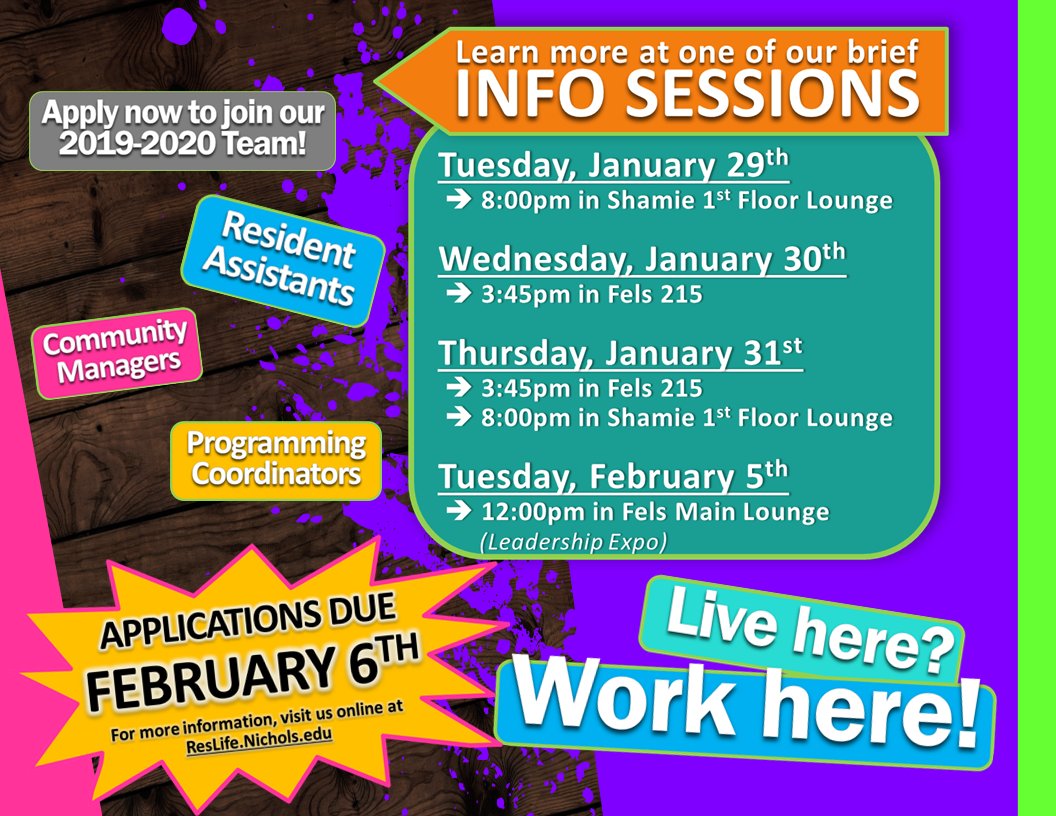Thinking about becoming a RA, CM, or PC? Swing by our Info Session TODAY at 3:45pm in Fels 215! <a href="/NC_ResLife/">NC_ResLife</a> <a href="/NC_ShamieHall/">Shamie Hall</a> <a href="/FelsStudentCent/">Fels Student Center</a>