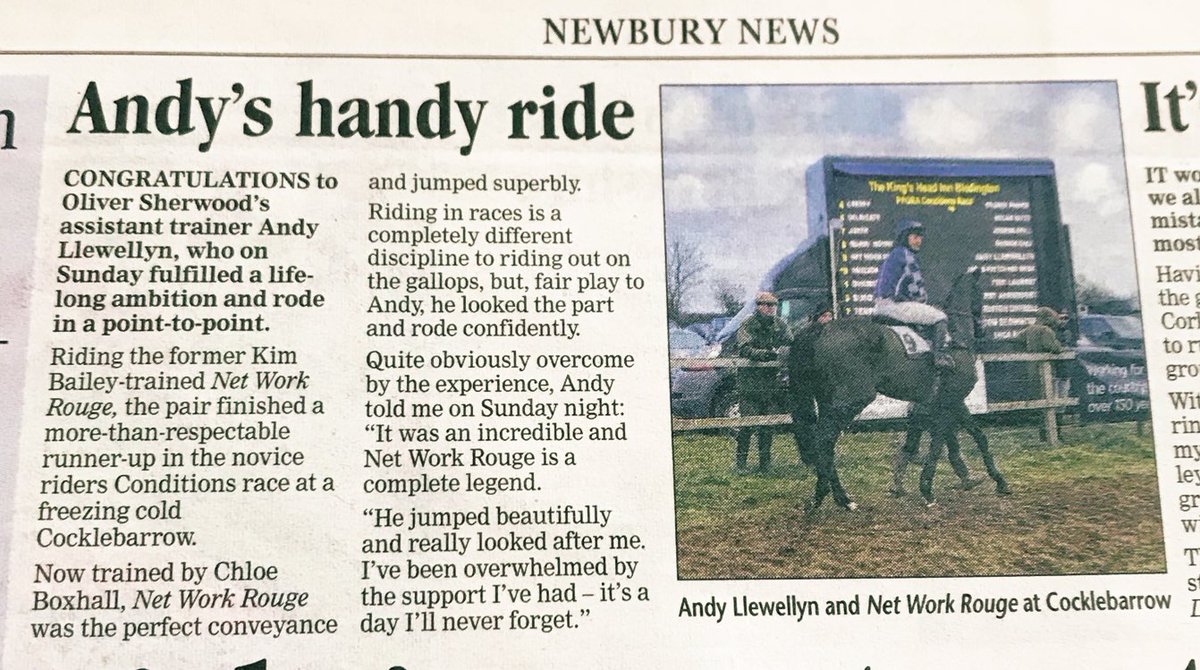 andytllewellyn's tweet photo. A big thank you to @LeglockLuke for a lovely write up in the @NewburyToday on my first ride @cocklebarrow on the legend Net Work Rouge at the weekend. Very much appreciated! #projectpointing #longlifeambition #hopefullywinningsoon https://t.co/mUUJS4c56g