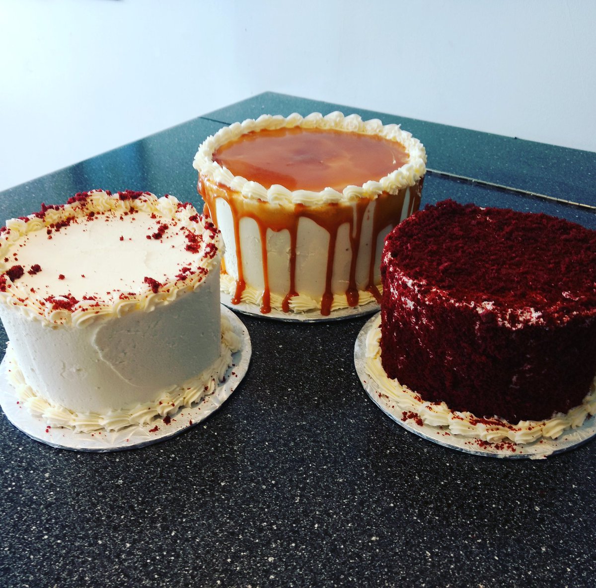 Avaible today! 3 amazing case cakes! Two 6" red velvets for $25 and one "8 Vanilla Caramel for $40! Stop into today!
