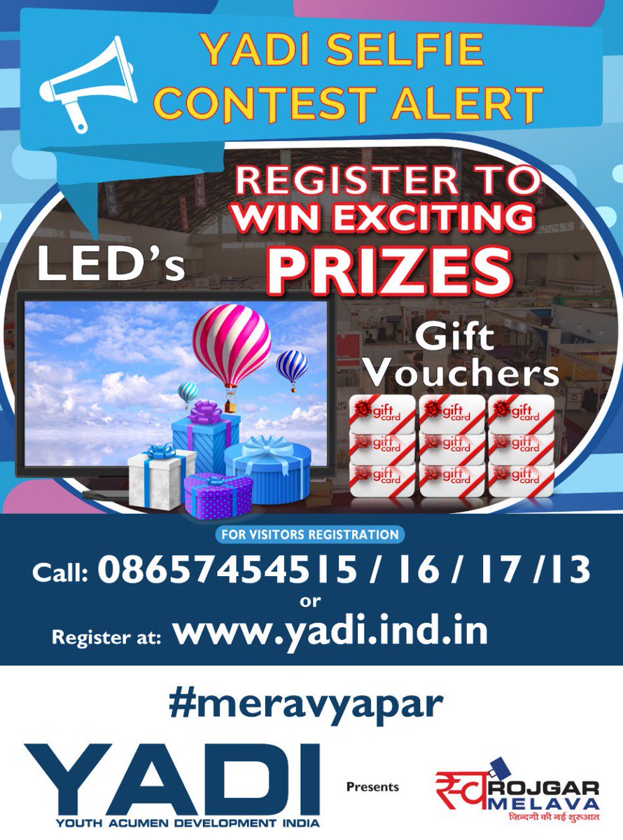 Yadiindia's tweet photo. Come register yourself today on  https://t.co/qaghXeYjSk and get a chance to win a brand new LED and gift vouchers worth Rs.1 Lac today!
Just with a selfie!  Share this on your wall
Follow The Rules
1.The most liked photo will get a LED.
2.Add #yadi #meravyapar
3.Tag @Yadiindia https://t.co/T47Xa6KNiE