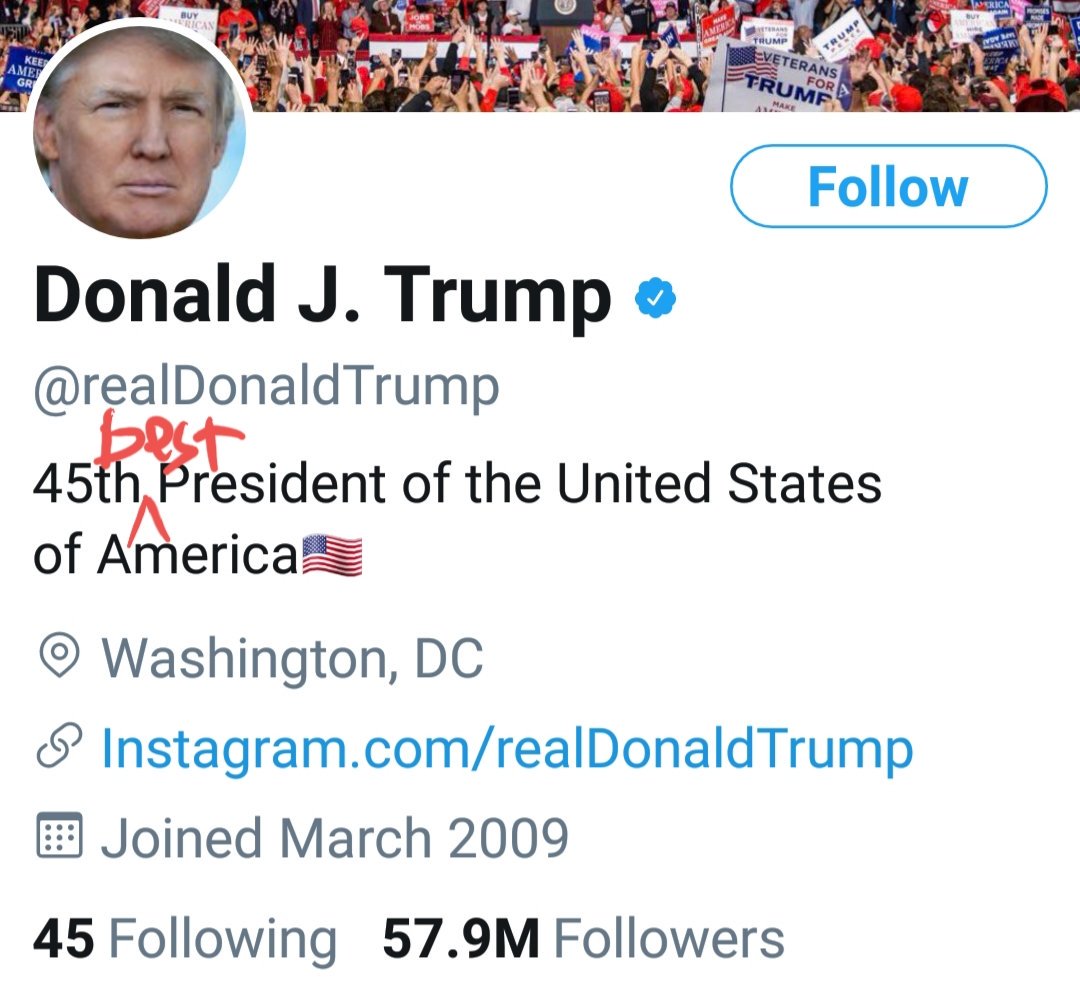 jimmcdevitt's tweet photo. @realDonaldTrump Good morning, Donald. Might I suggest a minor edit to your Twitter profile? https://t.co/TJa62Tvdr0