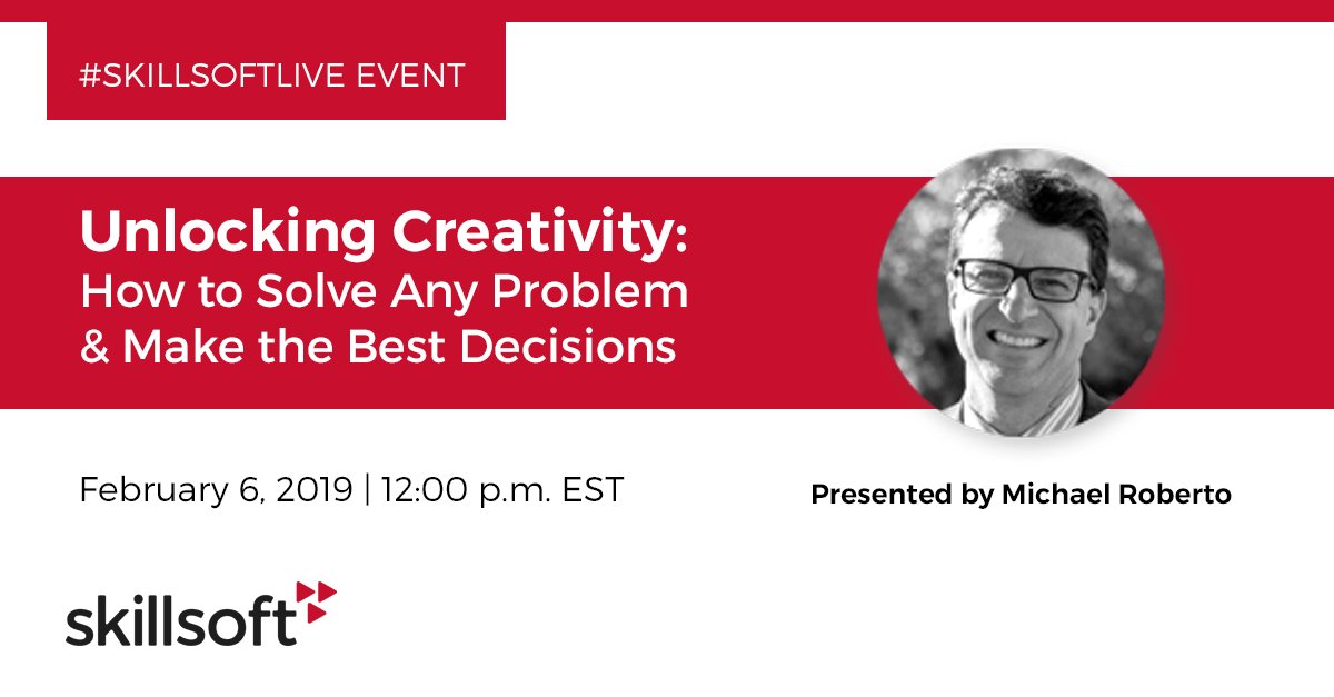Skillsoft's tweet image. Constant innovation is a must-have for success in today's business world. Our next #SkillsoftLive event on 2/6, presented by @micharlaroberto, will bea discussion on how to foster environments that encourage creativity. Register now: ow.ly/exSJ50knjBs #UnlockingCreativity