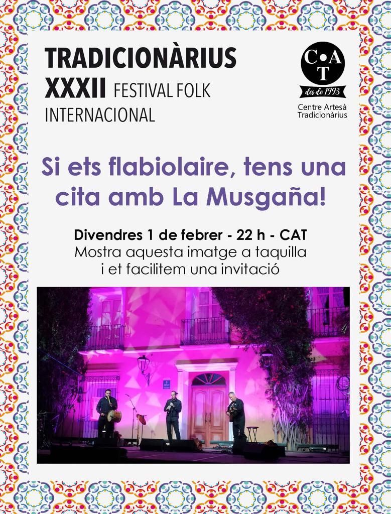 Des del <a href="/tradicionarius/">Tradicionàrius</a> conviden als flabiolaires al concert de @ La Musgaña.