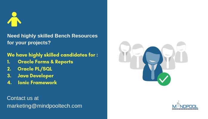 Mindpooltech's tweet image. Do you need highly skilled Bench Resources for your project?
Contact us at marketing@mindpooltech.com
#OracleFormsAndReports #OraclePlSql #JavaDevelopement #IconicFramework #MindpoolTechnologies