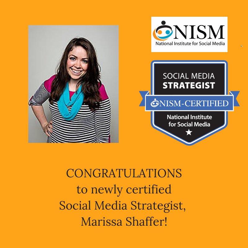 nismonline's tweet photo. Please join us in welcoming @Riz9000 to the community of NISM-certified Social Media Strategists (SMS). Great work, Marissa! #SMSCert https://t.co/9e8SpHinQX