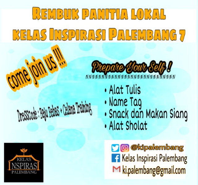 Undangan resmi dari KELAS INSPIRASI PALEMBANG kepada Panitia Lokal KIP 7 dalam acara "Rembuk Pendidikan KIP 7" 

Salam Inspirasi! 😉💪

#KIP6
#KIP7
#panlokkip
#kelasinspirasipalembang
#openrecruitment
#seharimengajarselamanyamenginspirasi
#relawanpendidikan