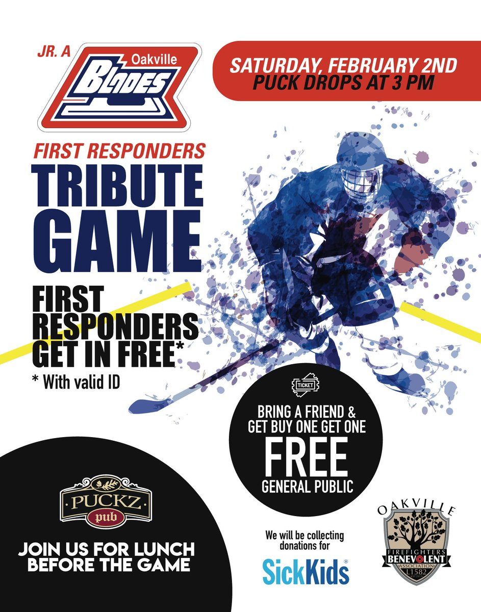 L1582 Benevolent (@opffabenevolent) on Twitter photo This Saturday at 3pm the <a href="/OakvilleBlades/">Oakville Blades</a> are hosting a first responders game! We will be raising money for SickKids, come on out for a wicked afternoon! #oakvillefirefighters <a href="/oakvillefire/">Oakville Fire Dept</a> <a href="/HRPSOak/">hrpsoak</a> #HaltonParamedics This Saturday at 3pm the <a href="/OakvilleBlades/">Oakville Blades</a> are hosting a first responders game! We will be raising money for SickKids, come on out for a wicked afternoon! #oakvillefirefighters <a href="/oakvillefire/">Oakville Fire Dept</a> <a href="/HRPSOak/">hrpsoak</a> #HaltonParamedics