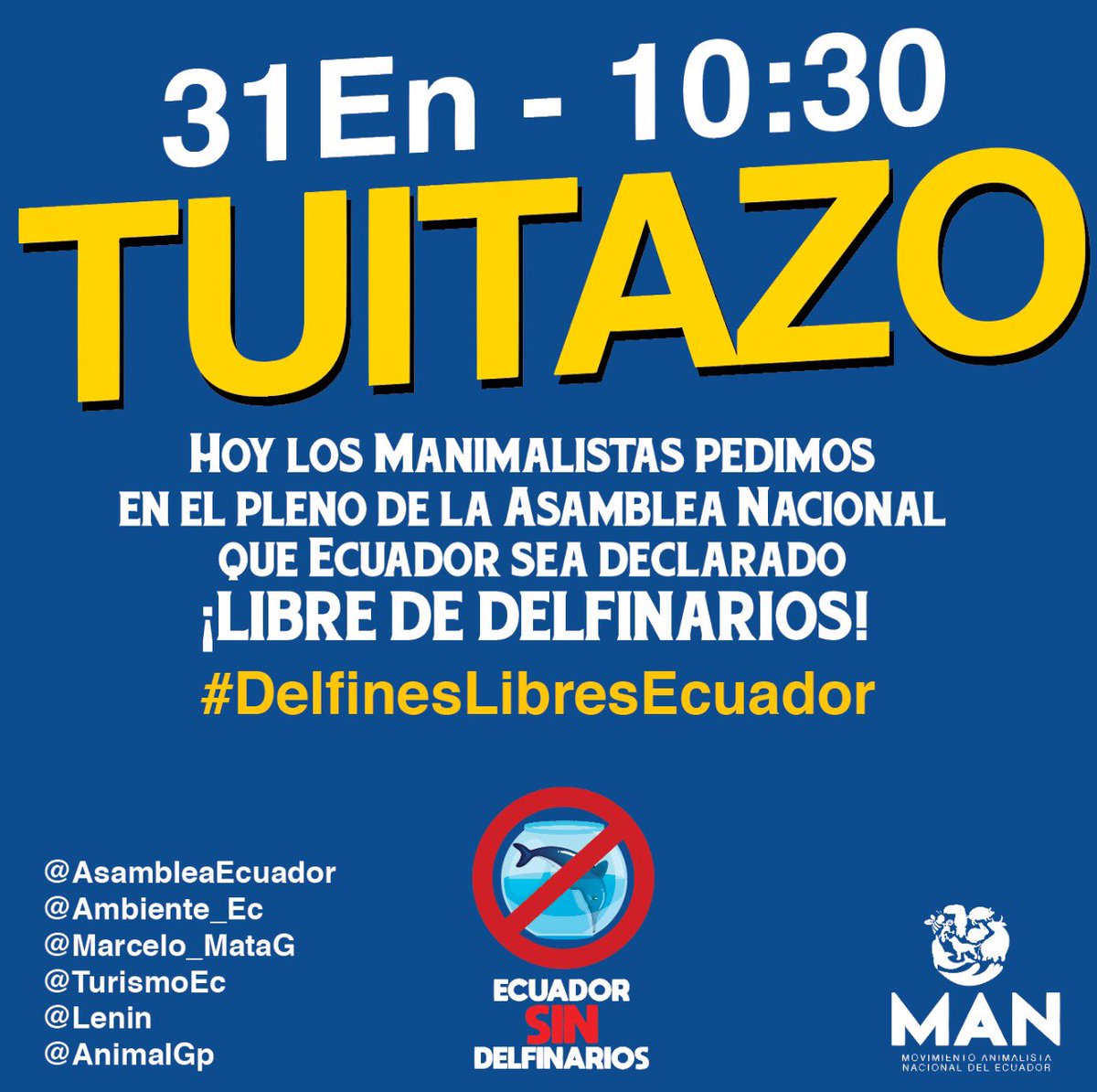 Hoy nuestra vocera <a href="/cris_141987/">Cris Alarcón</a> intervendrá a las 11:00 en el Pleno de <a href="/AsambleaEcuador/">Asamblea Nacional</a> para exponer las razones por las que Ecuador debe ser declarado país libre de delfinarios. Acompáñanos en la tuiteada previa a las 10:30, usaremos #DelfinesLibresEcuador