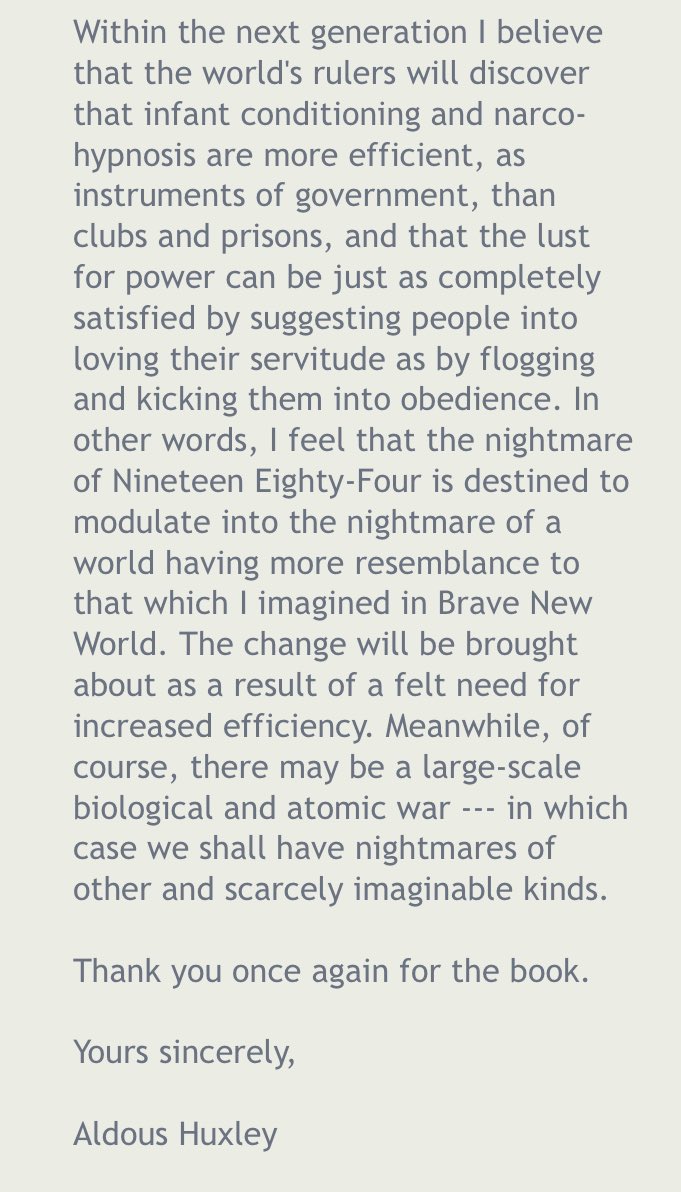 Jamie Bartlett on Twitter "Huxley’s letter to Orwell, comparing their two dystopian novels, is