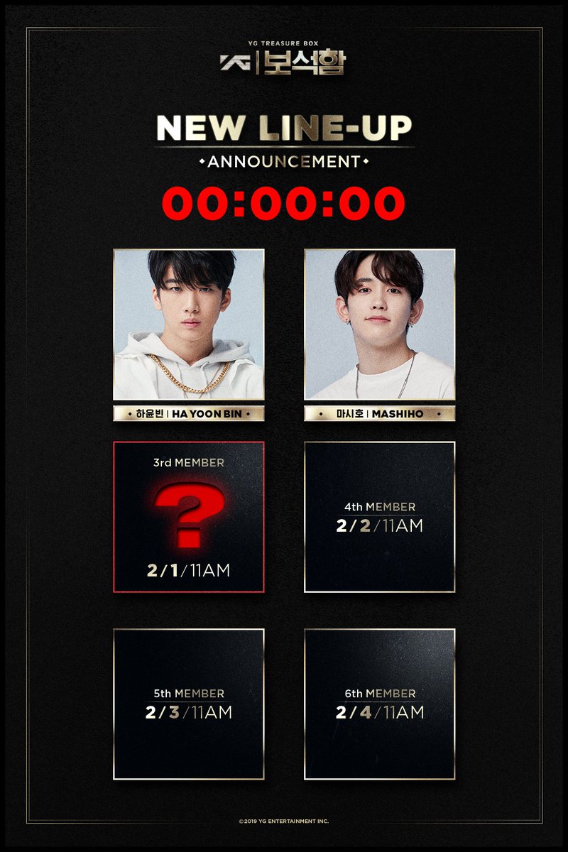 NEW LINEUP MEMBER #3 COUNTER originally posted by yg-life.com ⠀⠀⠀⠀⠀⠀⠀⠀⠀⠀⠀⠀⠀⠀⠀⠀⠀ ✨ 2019.02.01 11AM kst ⠀⠀⠀⠀⠀⠀⠀⠀⠀⠀⠀⠀⠀⠀⠀⠀⠀ #YG보석함 #YG_TREASURE_BOX #보석함 #NEW_LINEUP #3RD_MEMBER #COMINGSOON #20190201_11AM #YG