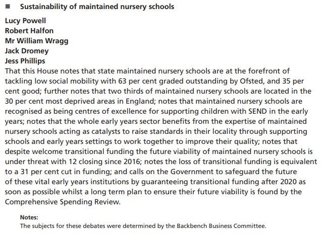 Motion of the sustainability of maintained nursery schools. A html version is available here: https://publications.parliament.uk/pa/cm201719/cmagenda/ob190131.htm#_idTextAnchor005