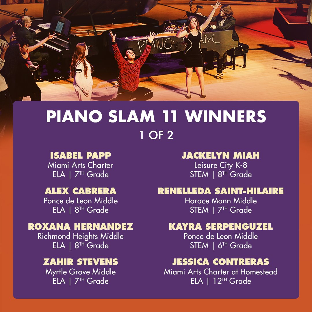 PianoSlam's tweet photo. DRUM ROLL PLEASE!!!! Congratulations to this year's Piano Slam 11 @MDCPS middle &amp; high school winners!!!! #Poetry #PianoSlam #HipHop #Music #Miami #SpokenWord #Piano https://t.co/gSl5uXcCj5