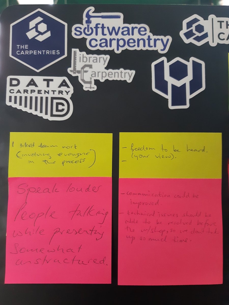 BinxiePeterson's tweet photo. Sticky feedback from day1+2 #RCCPii @datacarpentry @WalterSisuluUni Tried pairing for R lesson - worked really well, but the constant noise while teaching is something for me to get used to. At least I finally got some new swag! https://t.co/v1Nog3SQI8