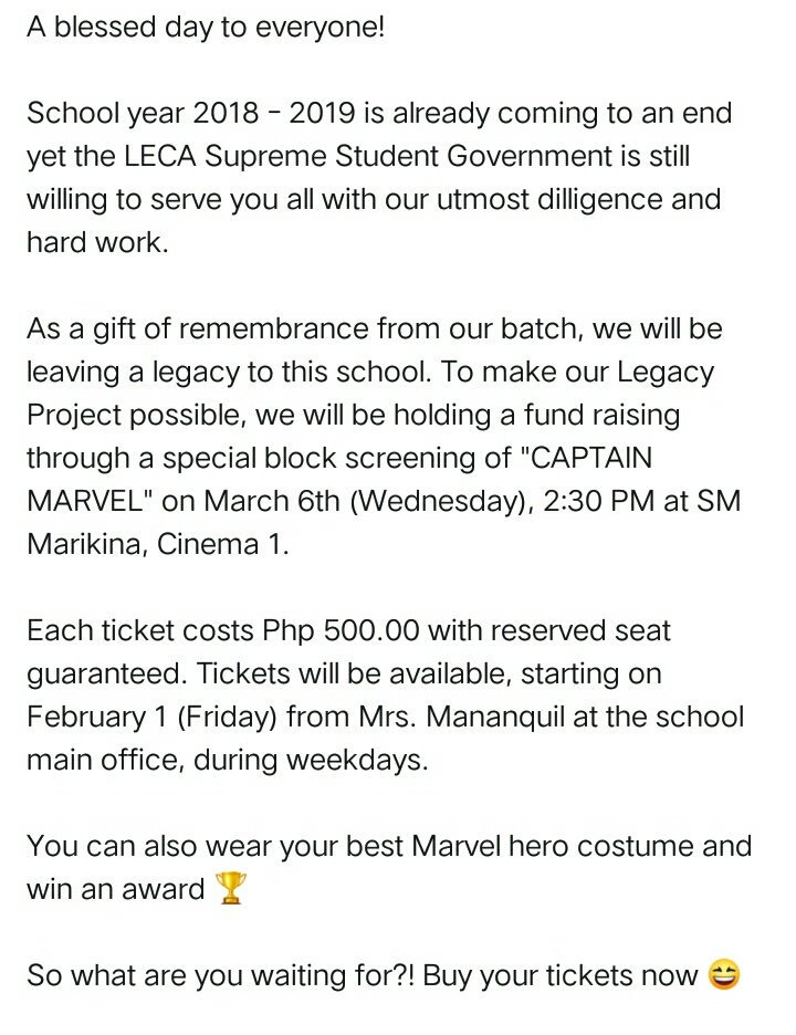 LECASGOFFICIAL's tweet photo. WHAT'S UP LECANS?! 

Block Screening: CAPTAIN MARVEL
March 6th (Wednesday), 2:30 PM at SM Marikina, Cinema 1

Tickets are now available at the main office for Php 500.00! 

What are you waiting for?! 😆 https://t.co/nSiCwUX4xi