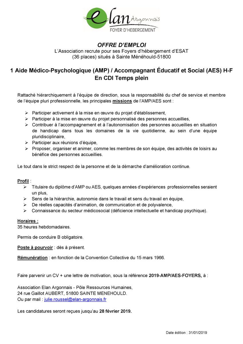 Association Elan Argonnais On Twitter L Association Elanargonnais Recrute Pour Ses Foyers D Hebergement Situes A Saintemenehould 1 Aide Medicopsychologique Amp Accompagnant Educatif Et Social Aes H F En Cdi Temps Plein Emploi