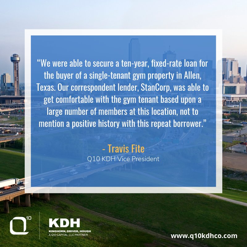 Q10 KDH VP Travis Fite secured acquisition financing for a single-tenant #retail property in the Dallas-Fort Worth area. Details: bit.ly/2Bfa7KL
#cre #commercialrealestate #commercialfinance #retailrealestate #dfwrealestate #commercialmortgages