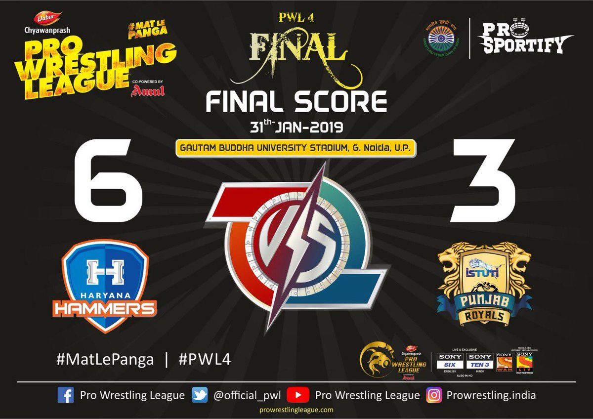 #PWL4 final <a href="/punjabroyals17/">Punjabroyals</a> vs <a href="/haryanahammers/">Haryana Hammers</a>: <a href="/haryanahammers/">Haryana Hammers</a> #Tatyana put up a good fight against #Anita in the finals and won the bout 9-0, With #Tatyana’s win, <a href="/haryanahammers/">Haryana Hammers</a> won the final of #PWL4 6-3 
<a href="/SPN_Action/">SPN_Action</a> <a href="/Inkhabar/">InKhabar</a> <a href="/NewsX/">NewsX World</a> #MatLePanga