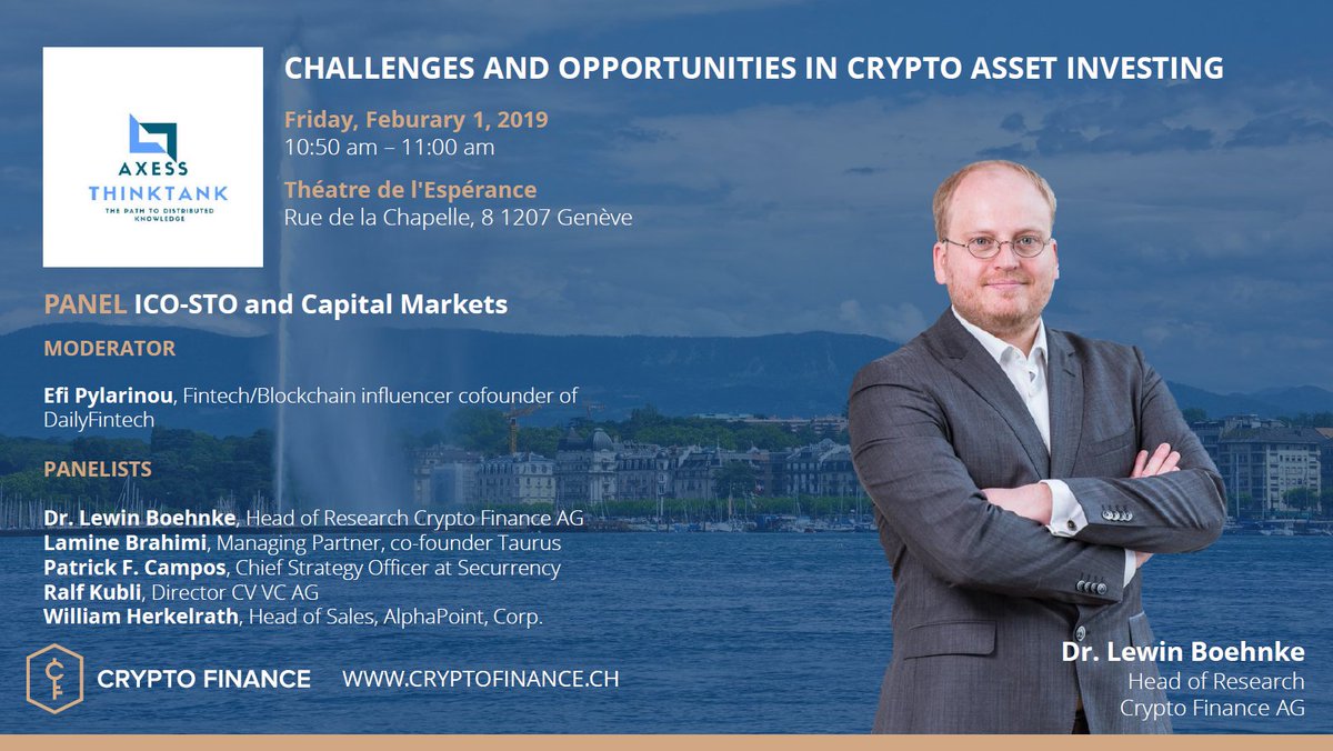 Don't miss the opportunity to hear our Head of Research, <a href="/LewinBoehnke/">Lewin Boehnke</a>, speak at tomorrow's "Challenges and Opportunities in Crypto Asset Investing" event in Geneva organised by <a href="/AxessThink/">AxessThinkTank</a> 

#CryptoFinance #CryptoStorage #CryptoSecurity #CryptoCustody #ICO #STO #CryptoAsset