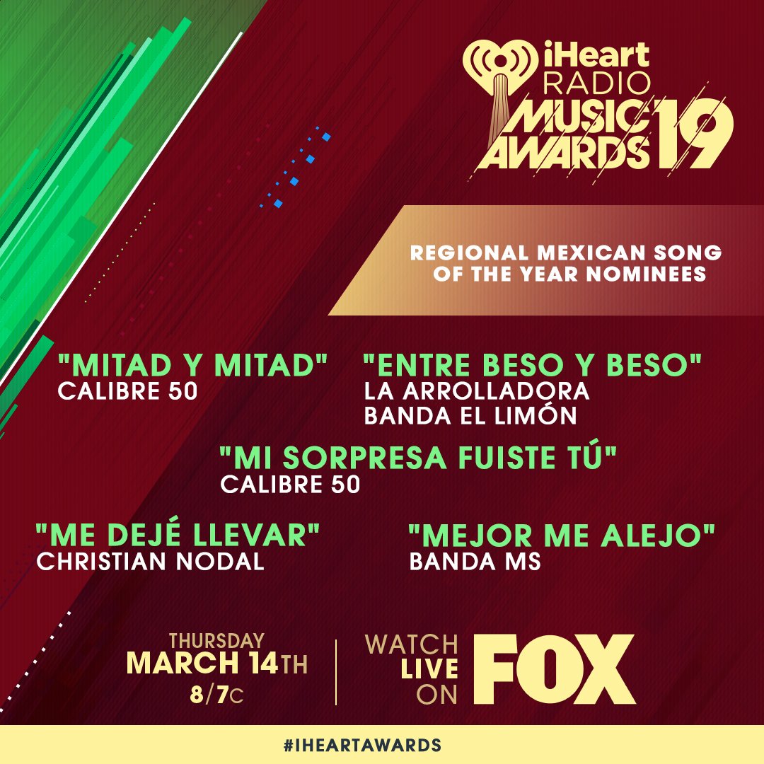 Tu1031fm's tweet photo. Del Regional Mexicano, cual de todas estas canciones es tu favorita? Vota por ella en los #iHeartAwards entrando en https://t.co/qFvGGaHkZA 
@iHeartLatino @iHeartRadio https://t.co/efQrSVSKX7
