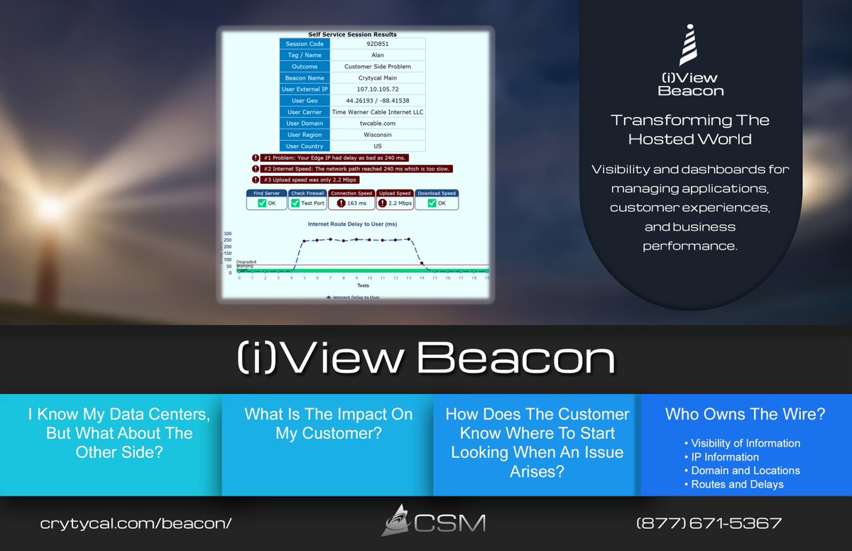 CSM_monitors's tweet image. (i)View Beacon offers a unique opportunity for your customers to visualize how their hosted applications are performing from their location back to your hosting facility regarding to usage, capacity and quality. Contact CSM to learn more!