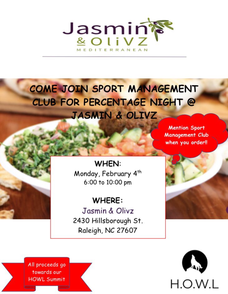 SMTClubNCSU's tweet photo. Join us on Monday at Jasmin (by Global Village and Groucho’s) on Hillsborough for our club percentage night!
Proceeds will go towards the #HOWLSummit on March 2 & 3 https://t.co/05m8GBHlKM
