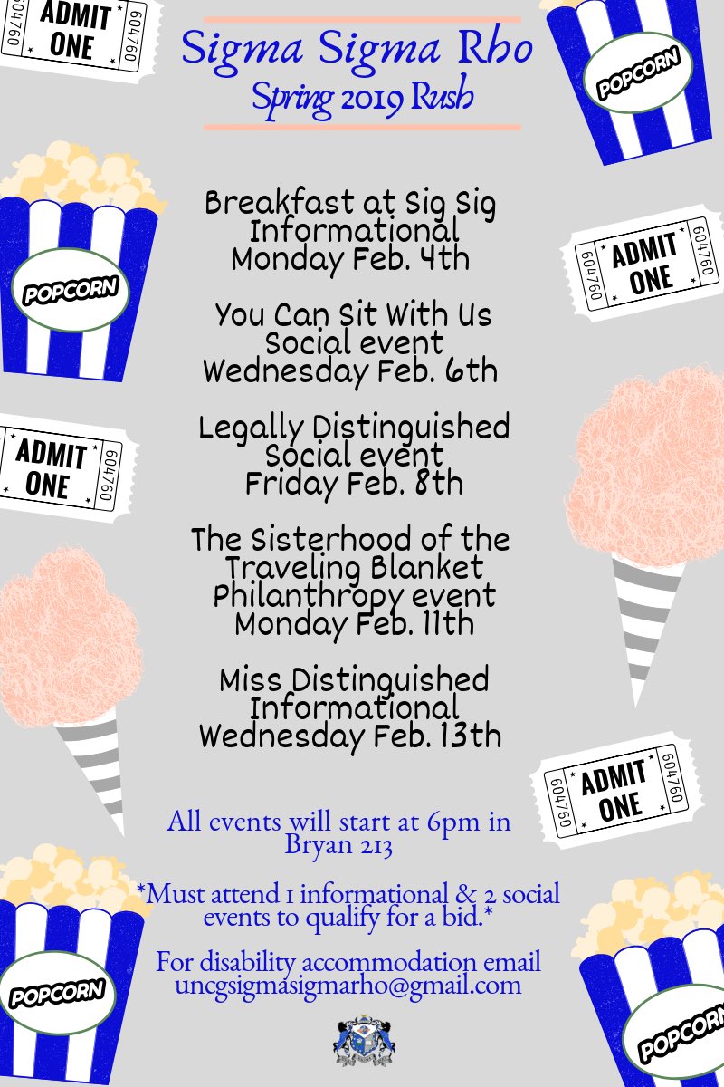 Come out to Sigma Sigma Rho’s Rush, starting NEXT week! Get the opportunity to meet us, &amp; learn more about our organization. Plus bring your friends to come and enjoy fun events and free refreshments!💙Contact any sister with questions or concerns! #Uncg #uncg20 #uncg21 #uncg22