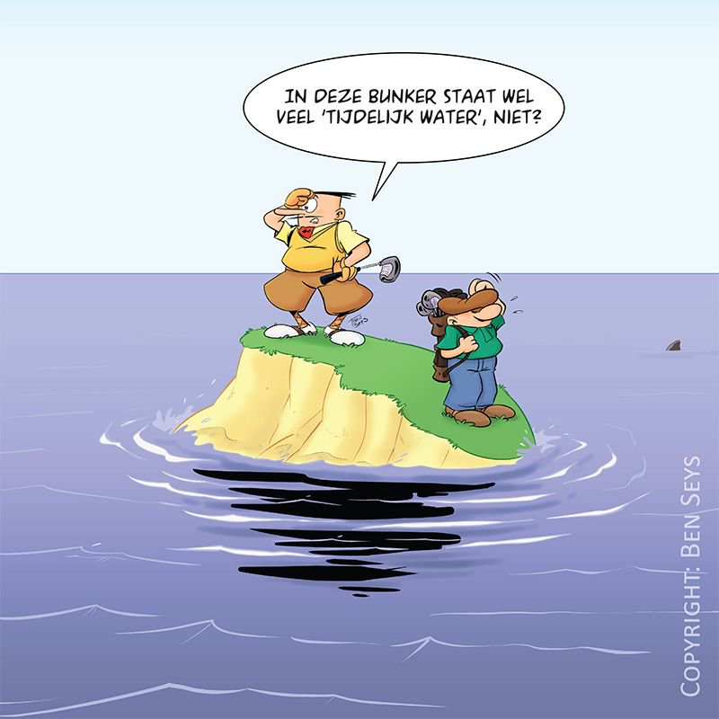 Ken je de nieuwe golfregels al? Bij tijdelijk water in de bunker kan je: vrij uitwijken naar het dichtstbijzijnde punt in de bunker of uitwijken met één strafslag buiten de bunker. Meer info: regel 16.1b. #golf #cartoon #golfregels2019 #eddyencaddy #benseys