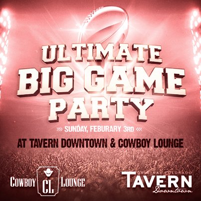We're getting pumped for this Sunday! Join us for all-you-can-eat buffet and all-you-can-drink Bud/BudLight drafts, plus well drinks! Purchase tickets off TicketFly for $35 in advance! #SeeYouThere #SuperBowlSunday #TavernLovesCO 🍔🍻🍾🎉🏈
