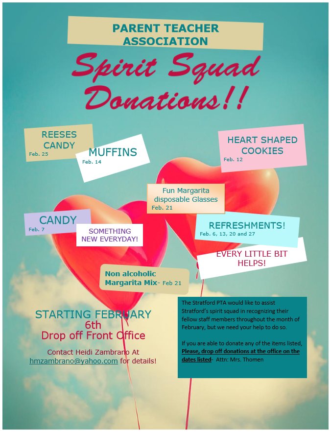 MiddlePta's tweet photo. The Stratford PTA would like to assist Stratford's Spirit Squad in recognizing their fellow staff members throughout the month of February, but we need your help to do so If you are able to donate any of the items listed. Please drop off donations at the office on the date listed https://t.co/oiZtFyq2rR