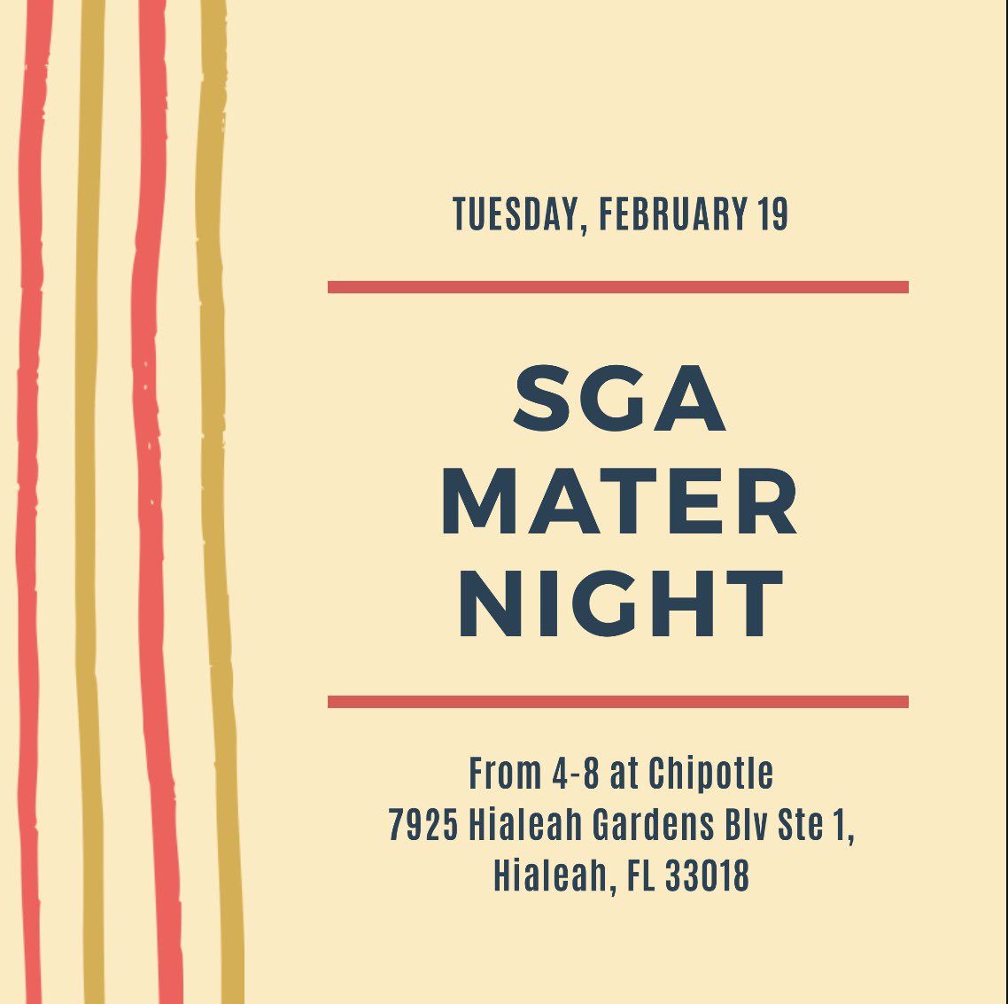 Come out and support SGA at our Mater Night on Tuesday, February 19 at Chipotle!