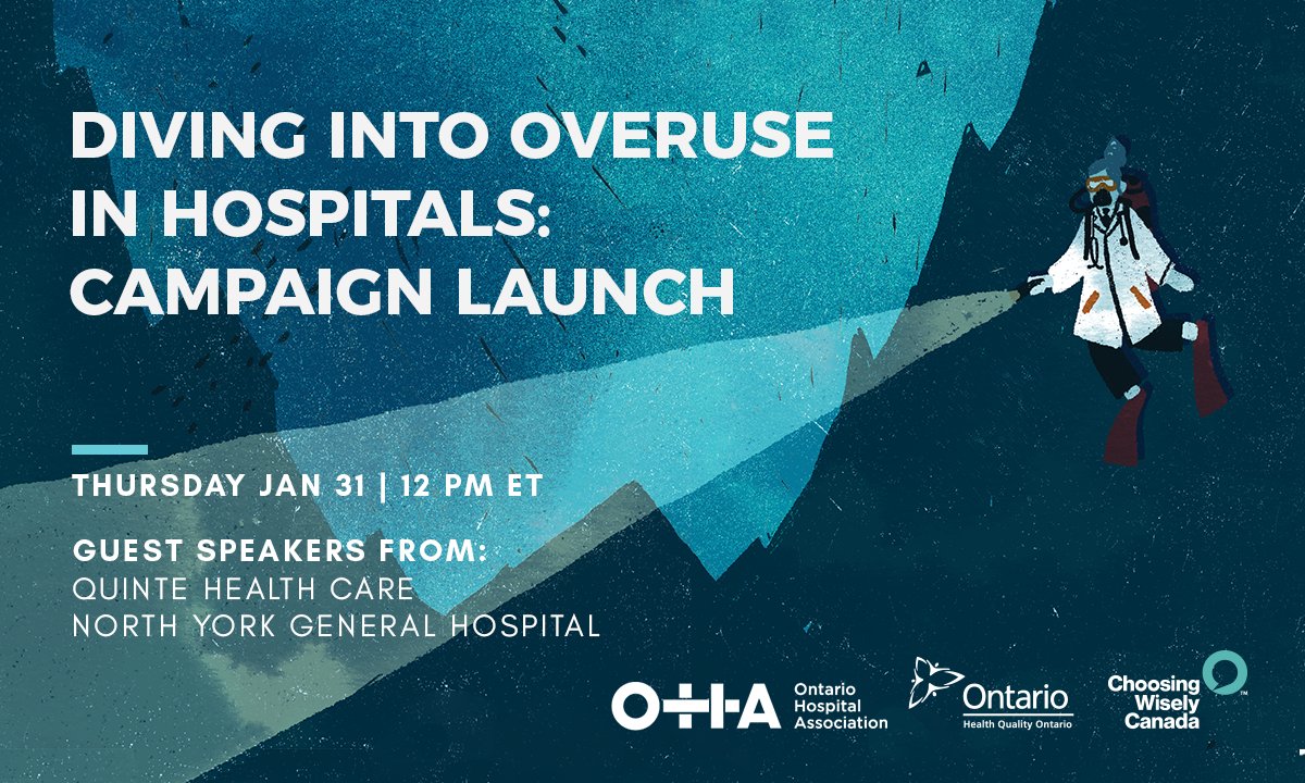 ChooseWiselyCA's tweet photo. Join us in 1 hr (12 PM ET) for the Diving into Overuse in Hospitals campaign launch & webinar! Hear from @NYGH_News, @QuinteHealth, @OntHospitalAssn & @HQOntario to learn about the newly released Starter Kit & how your hospital can #DiveIntoOveruse
https://t.co/hLdO00drgH https://t.co/Q2OCilJTCT