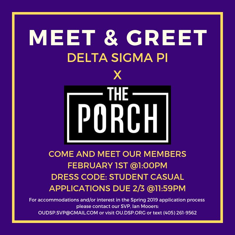 OUDeltaSigmaPi's tweet image. Meet &amp;amp; Greets coming up tonight at 6PM and tomorrow at 1PM. Hope you can make it! #deltasigmapi #spring19