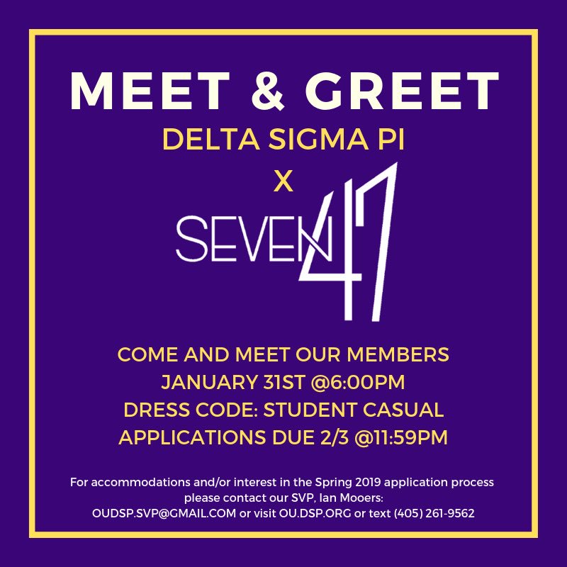 OUDeltaSigmaPi's tweet image. Meet &amp;amp; Greets coming up tonight at 6PM and tomorrow at 1PM. Hope you can make it! #deltasigmapi #spring19