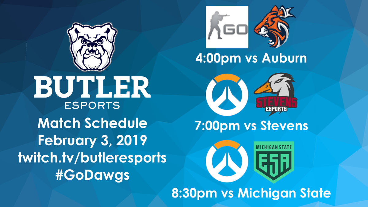 BUClubEsports's tweet photo. #ButlerCSGO takes on @GamingAuburn, and #ButlerOW will face @StevensEsports and @ESAofMSU this evening, all live at https://t.co/xUG9Dd3eDO #GoDawgs https://t.co/SrTy0fsiYc