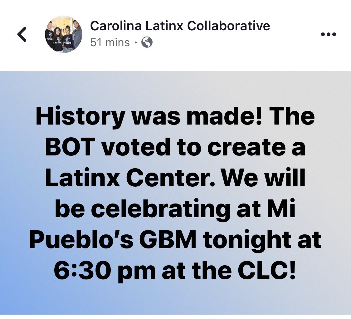 floresitaadesol's tweet photo. Have been in tears all morning. Board of Trustees unanimously approved a Latinx Center at Carolina.
History was made today y’all. Beyond proud of the decade plus of work that went in to make this moment happen.
#EstamosAquiUNC https://t.co/IeNQ9mxAxk