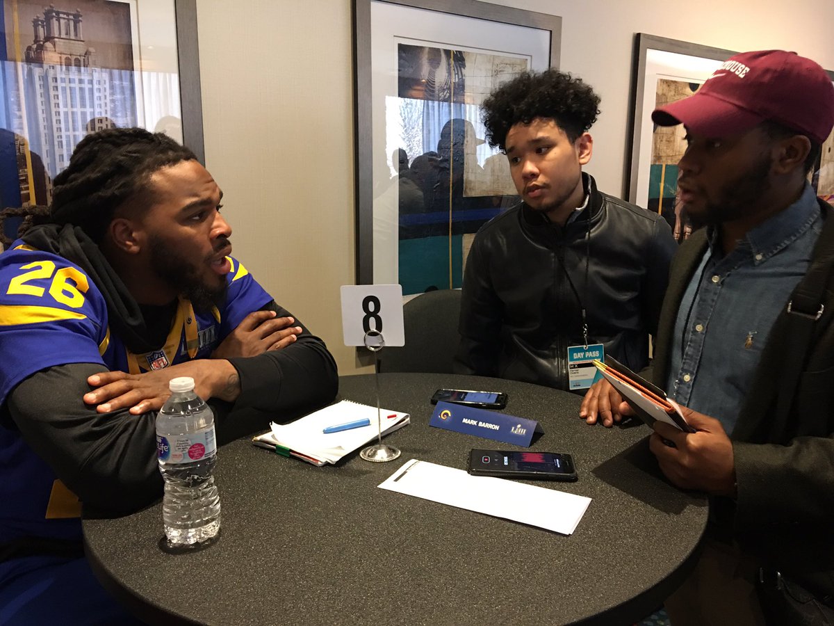 MorehouseJS's tweet photo. Rams DB/LB Mark Barron takes questions from Morehouse students Parker Owens, Nick Vaughn #SB53 #jsprogram https://t.co/4ENurAU7pX