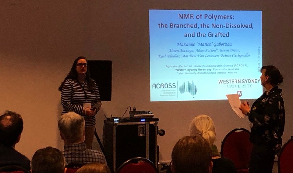 CastignollesP's tweet photo. In her keynote #SCM9, @NMaRion_WSU @westernsydneyu  talked about #NMR of polymers: the branched, the non-dissolved and the grafted highlighting the importance of solid-state characterisation for polysaccharides and branched polymers. https://t.co/WYXAOqXQey
