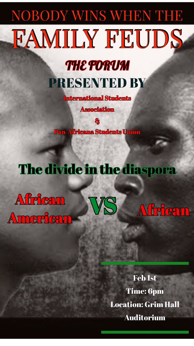 Zaynadelic's tweet photo. All we have is us so it’s time to unite! Join the Pan Africana Student Union and the International Student Association in a conversation where we will be coming together to end the divide because nobody wins when the family feuds👑 https://t.co/KVqPg0s074