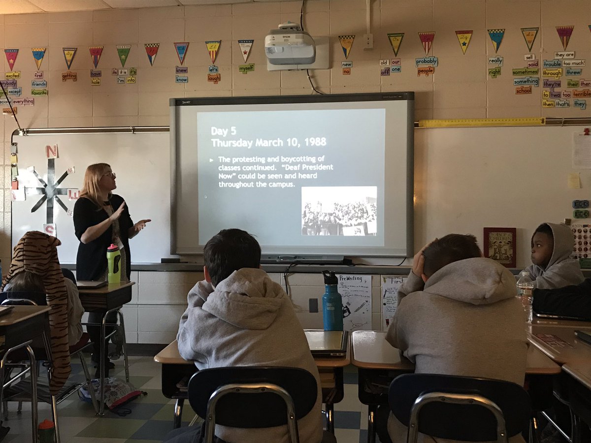 sarverteaches's tweet image. We learned so much about Deaf President Now from @MrsTooneASL ! #PeaceSignsProject #WeB4Me @CollinsNBCT